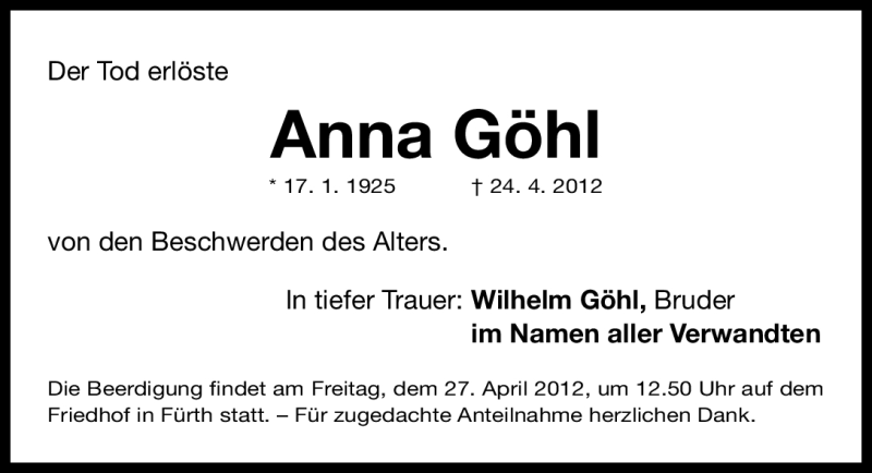 Traueranzeigen von Anna Göhl trauer.nn.de