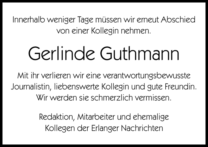  Traueranzeige für Gerlinde Guthmann vom 27.04.2012 aus Erlanger Nachrichten Lokal