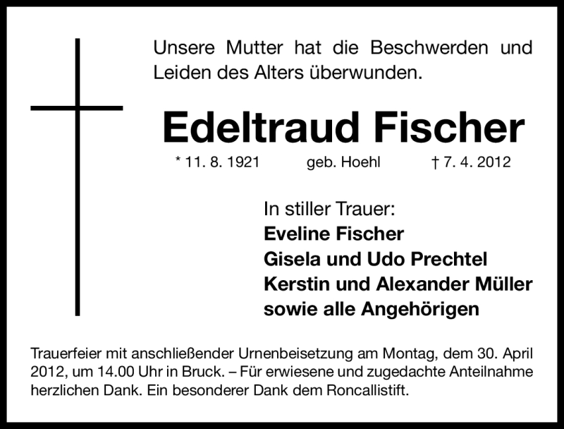  Traueranzeige für Edeltraud Fischer vom 26.04.2012 aus Erlanger Nachrichten Lokal