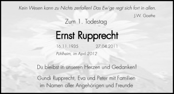 Traueranzeige von Ernst Rupprecht von Gesamtausgabe Nürnberger Nachrichten/Nürnberger Ztg.