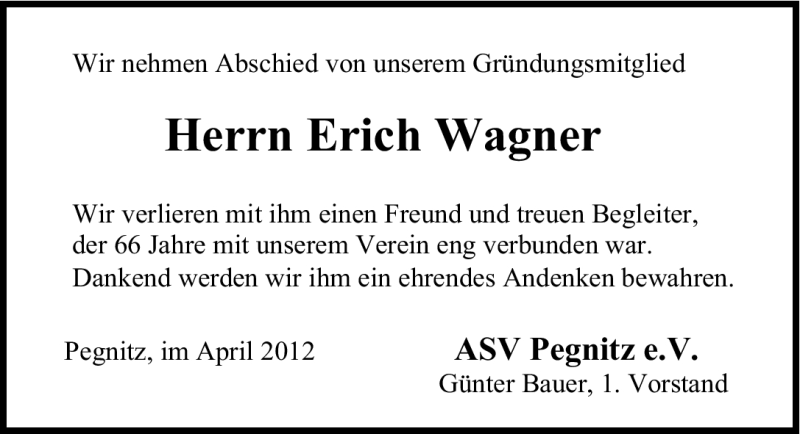  Traueranzeige für Erich Wagner vom 28.04.2012 aus Nordbayerische Nachrichten Pegnitz Lokal
