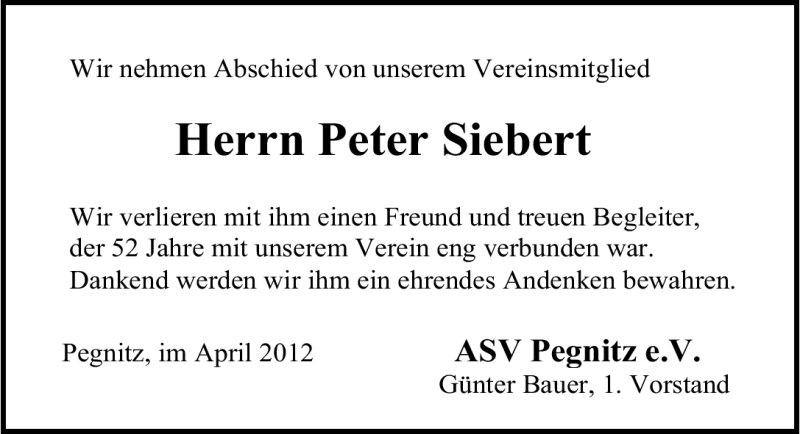  Traueranzeige für Peter Siebert vom 27.04.2012 aus Nordbayerische Nachrichten Pegnitz Lokal