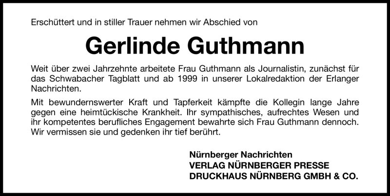  Traueranzeige für Gerlinde Guthmann vom 27.04.2012 aus Gesamtausgabe Nürnberger Nachrichten/Nürnberger Ztg.