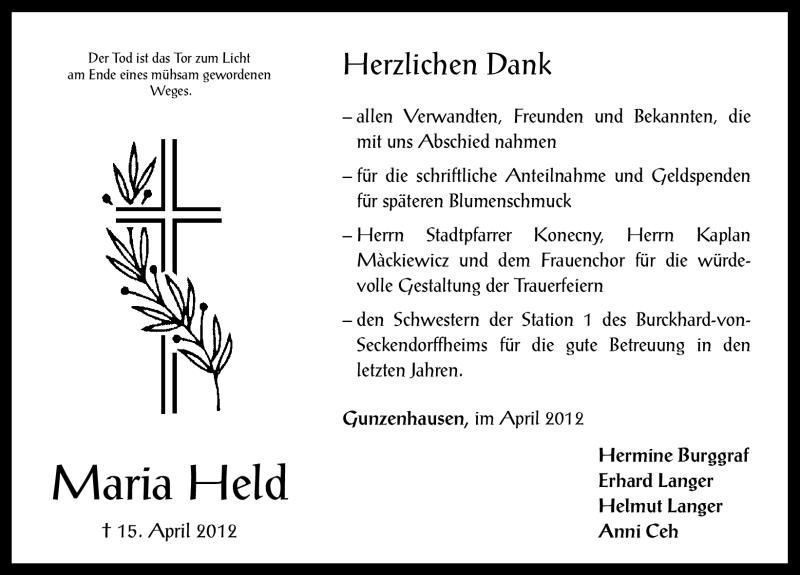  Traueranzeige für Maria Held vom 28.04.2012 aus Altmühl-Bote Lokal