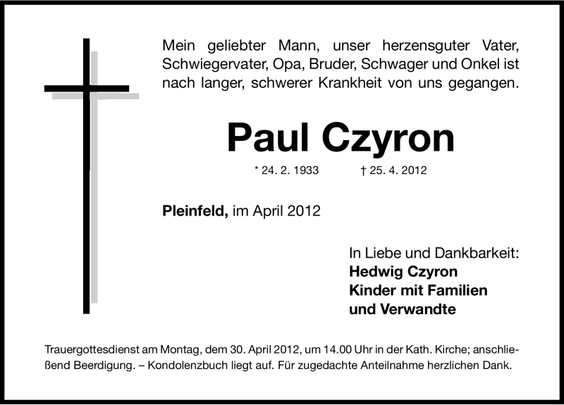  Traueranzeige für Paul Czyron vom 28.04.2012 aus Roth-Hilpoltsteiner Volkszeitung Lokal