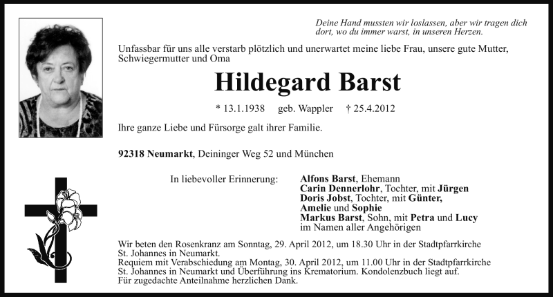  Traueranzeige für Hildegard Barst vom 27.04.2012 aus Neumarkter Nachrichten Lokal