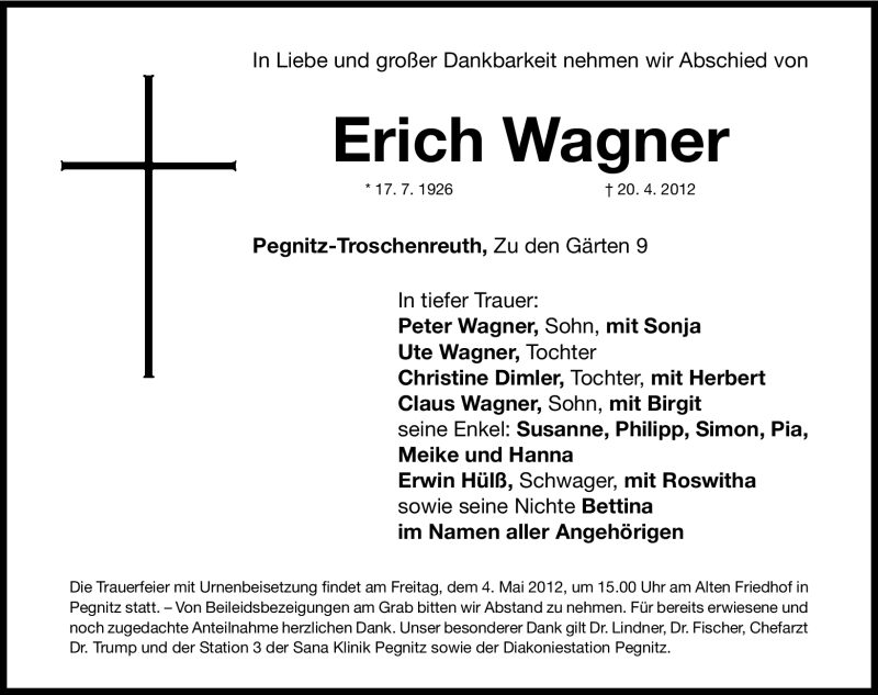  Traueranzeige für Erich Wagner vom 28.04.2012 aus Nordbayerische Nachrichten Pegnitz Lokal