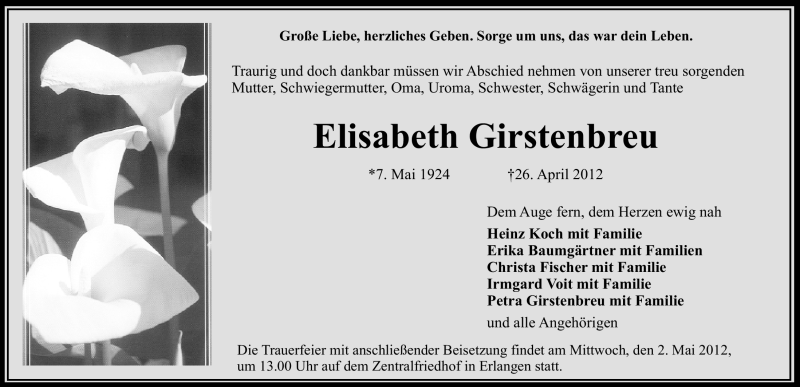  Traueranzeige für Elisabeth Girstenbreu vom 28.04.2012 aus Erlanger Nachrichten Lokal