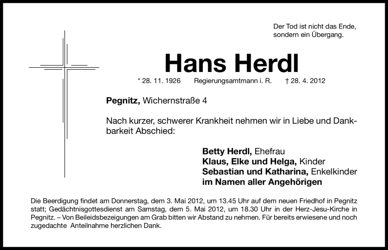  Traueranzeige für Hans Herdl vom 01.05.2012 aus Nordbayerische Nachrichten Pegnitz Lokal