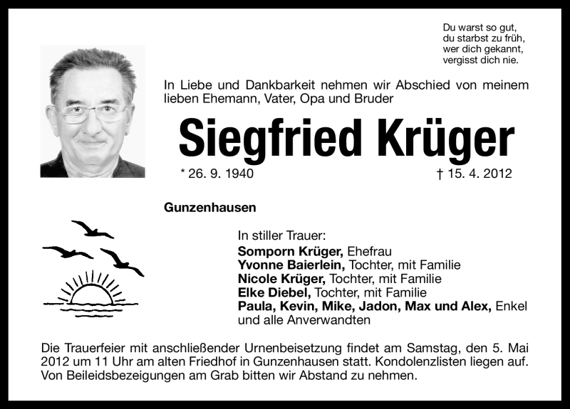  Traueranzeige für Siegfried Krüger vom 03.05.2012 aus Altmühl-Bote Lokal
