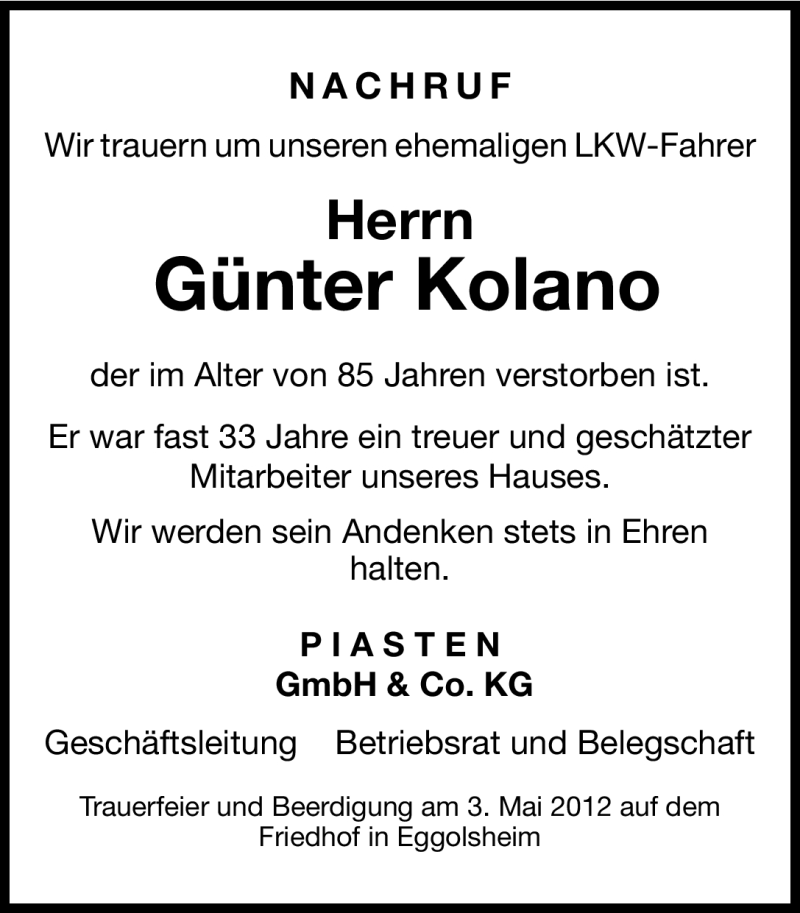  Traueranzeige für Günter Kolano vom 01.05.2012 aus Nordbayerische Nachrichten Forchheim Lokal