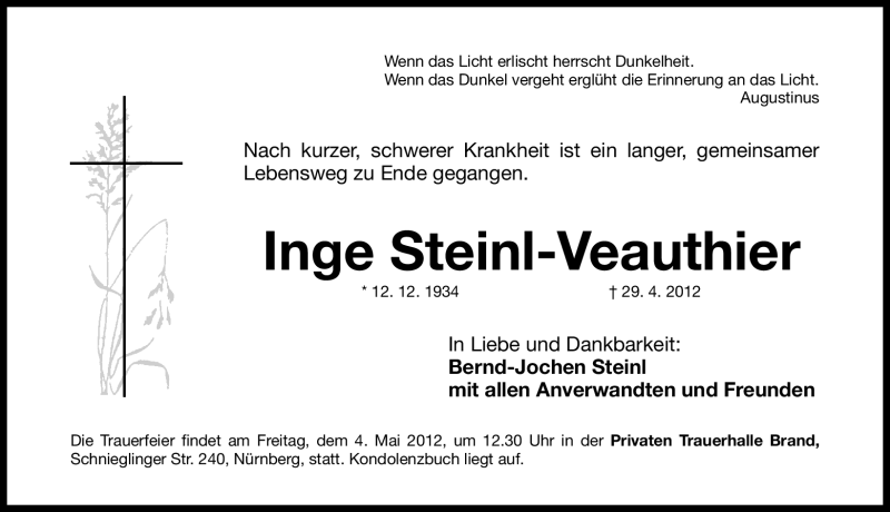  Traueranzeige für Inge Steinl-Veauthier vom 03.05.2012 aus Gesamtausgabe Nürnberger Nachrichten/ Nürnberger Ztg.