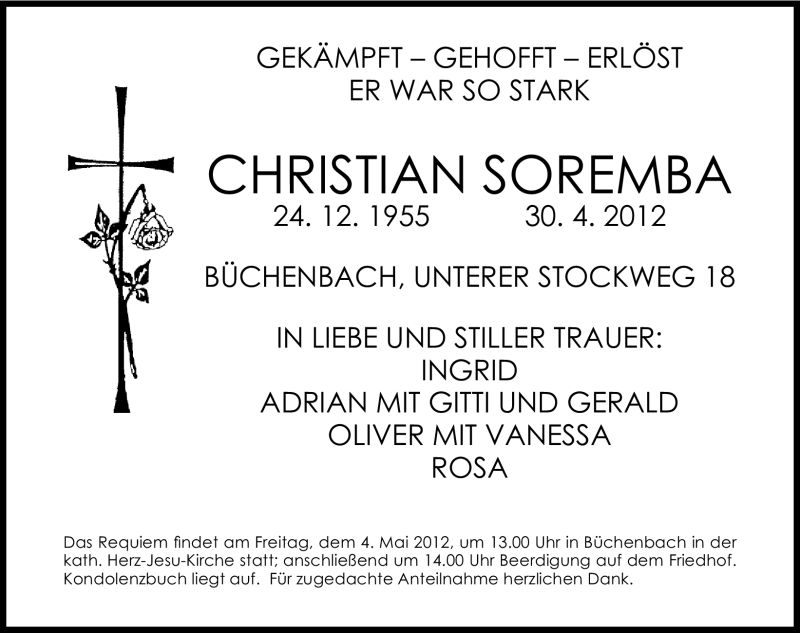  Traueranzeige für Christian Soremba vom 03.05.2012 aus Roth-Hilpoltsteiner Volkszeitung Lokal