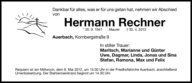  Traueranzeige für Hermann Rechner vom 04.05.2012 aus Nordbayerische Nachrichten Pegnitz Lokal