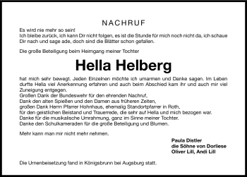 Traueranzeige von Hella Helberg von Roth-Hilpoltsteiner Volkszeitung Lokal