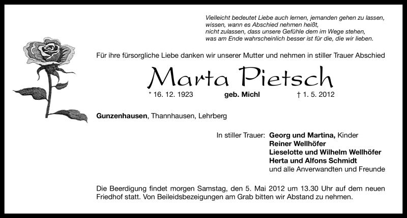  Traueranzeige für Marta Pietsch vom 04.05.2012 aus Altmühl-Bote Lokal