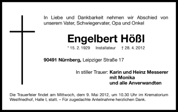 Traueranzeige von Engelbert Hößl von Gesamtausgabe Nürnberger Nachrichten/ Nürnberger Ztg.