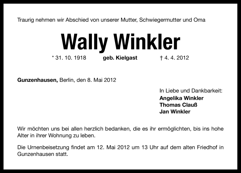  Traueranzeige für Wally Winkler vom 08.05.2012 aus Altmühl-Bote Lokal