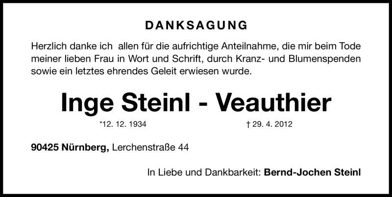  Traueranzeige für Inge Steinl-Veauthier vom 08.05.2012 aus Gesamtausgabe Nürnberger Nachrichten/ Nürnberger Ztg.