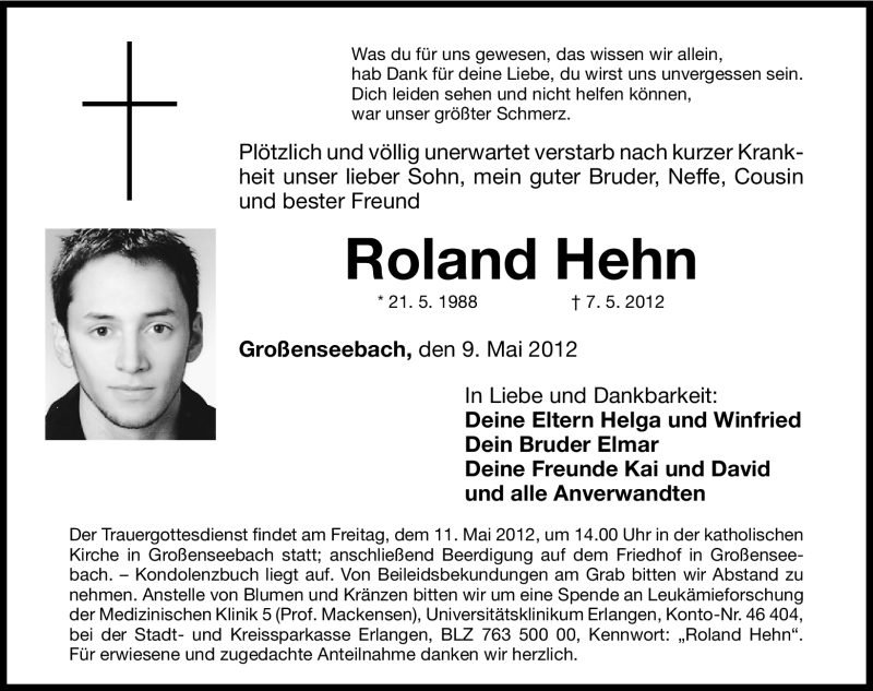  Traueranzeige für Roland Hehn vom 09.05.2012 aus Nordbayerische Nachrichten Herzogenaurach Lokal