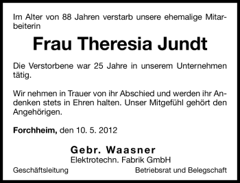 Traueranzeige von Theresia Jundt von Nordbayerische Nachrichten Forchheim Lokal