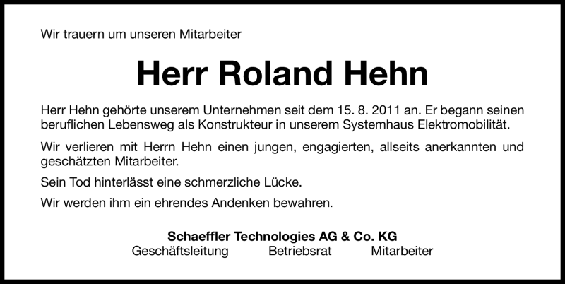  Traueranzeige für Roland Hehn vom 10.05.2012 aus Nordbayerische Nachrichten Herzogenaurach Lokal