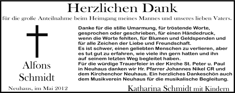  Traueranzeige für Alfons Schmidt vom 12.05.2012 aus Nordbayerische Nachrichten Pegnitz Lokal