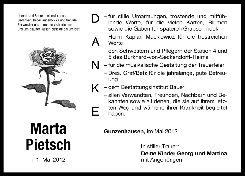  Traueranzeige für Marta Pietsch vom 12.05.2012 aus Altmühl-Bote Lokal