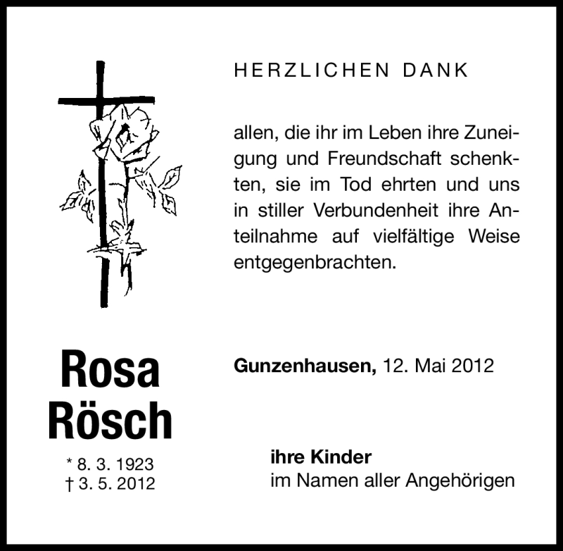  Traueranzeige für Rosa Rösch vom 12.05.2012 aus Altmühl-Bote Lokal