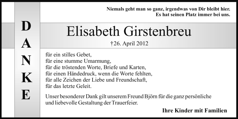  Traueranzeige für Elisabeth Girstenbreu vom 12.05.2012 aus Erlanger Nachrichten Lokal