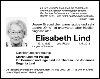 Traueranzeige von Elisabeth Lind von Gesamtausgabe Nürnberger Nachrichten/ Nürnberger Ztg.