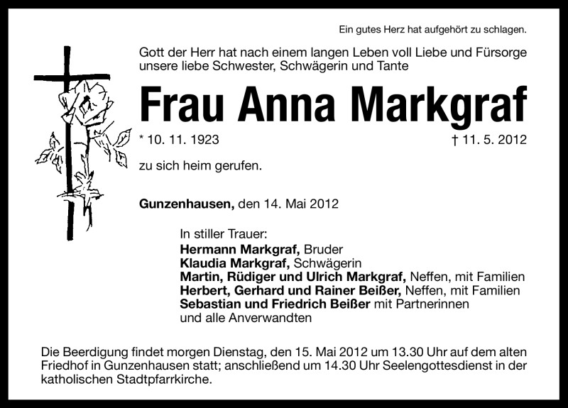  Traueranzeige für Anna Markgraf vom 14.05.2012 aus Altmühl-Bote Lokal