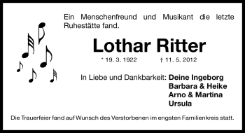 Traueranzeigen von Lothar Ritter | trauer.nn.de