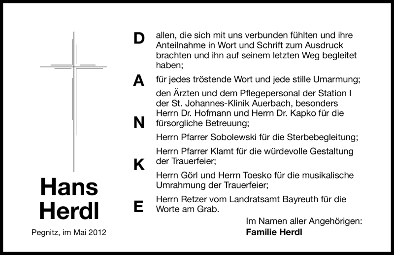  Traueranzeige für Hans Herdl vom 19.05.2012 aus Nordbayerische Nachrichten Pegnitz Lokal