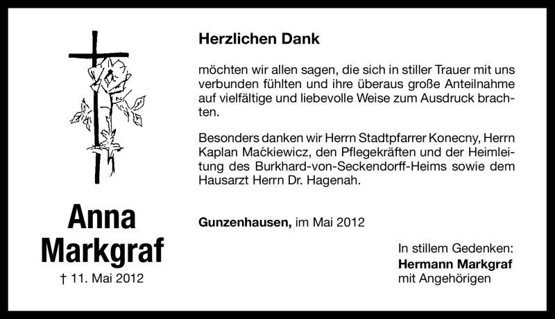  Traueranzeige für Anna Markgraf vom 19.05.2012 aus Altmühl-Bote Lokal