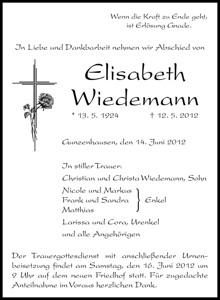  Traueranzeige für Elisabeth Wiedemann vom 14.06.2012 aus Altmühl-Bote Lokal