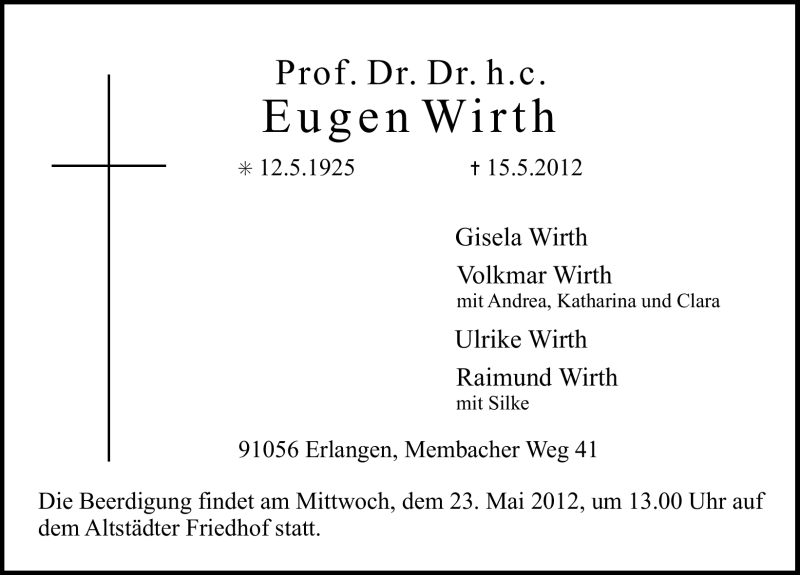  Traueranzeige für Eugen Wirth vom 19.05.2012 aus Erlanger Nachrichten Lokal