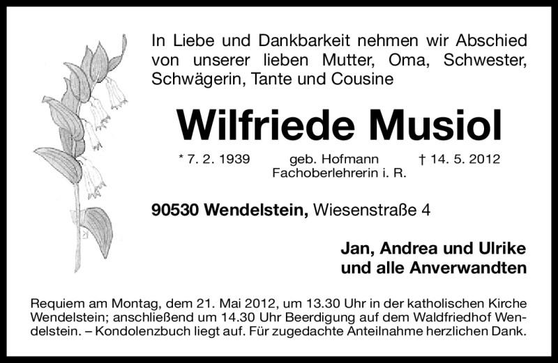  Traueranzeige für Wilfriede Musiol vom 19.05.2012 aus Gesamtausgabe Nürnberger Nachrichten/ Nürnberger Ztg.