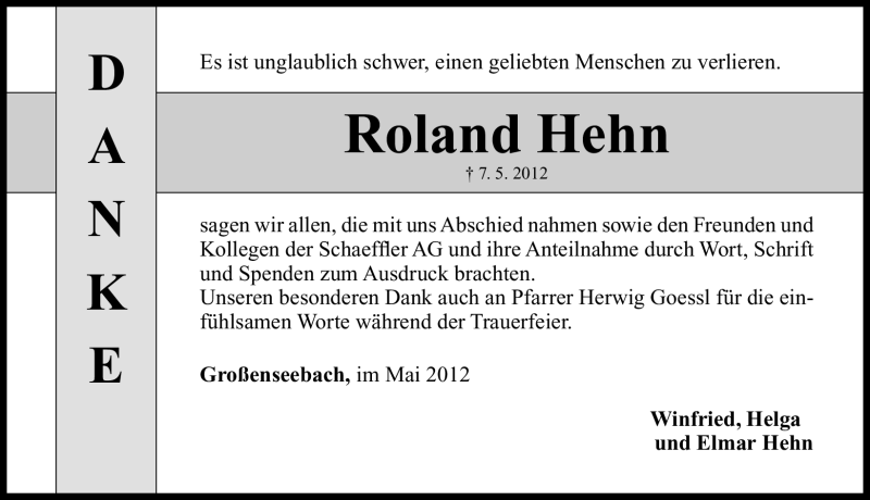  Traueranzeige für Roland Hehn vom 19.05.2012 aus Nordbayerische Nachrichten Herzogenaurach Lokal