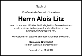 Traueranzeige von Alois Litz von Nordbayerische Nachrichten Herzogenaurach Lokal