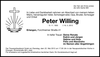 Traueranzeige von Peter Willing von Erlanger Nachrichten Lokal