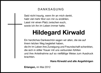 Traueranzeige von Hildegard Kirwald von Erlanger Nachrichten Lokal