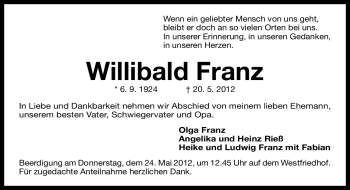 Traueranzeige von Willibald Franz von Gesamtausgabe Nürnberger Nachrichten/ Nürnberger Ztg.