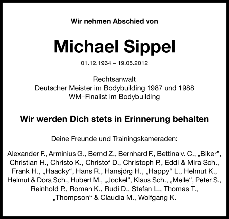  Traueranzeige für Michael Sippel vom 23.05.2012 aus Gesamtausgabe Nürnberger Nachrichten/ Nürnberger Ztg.