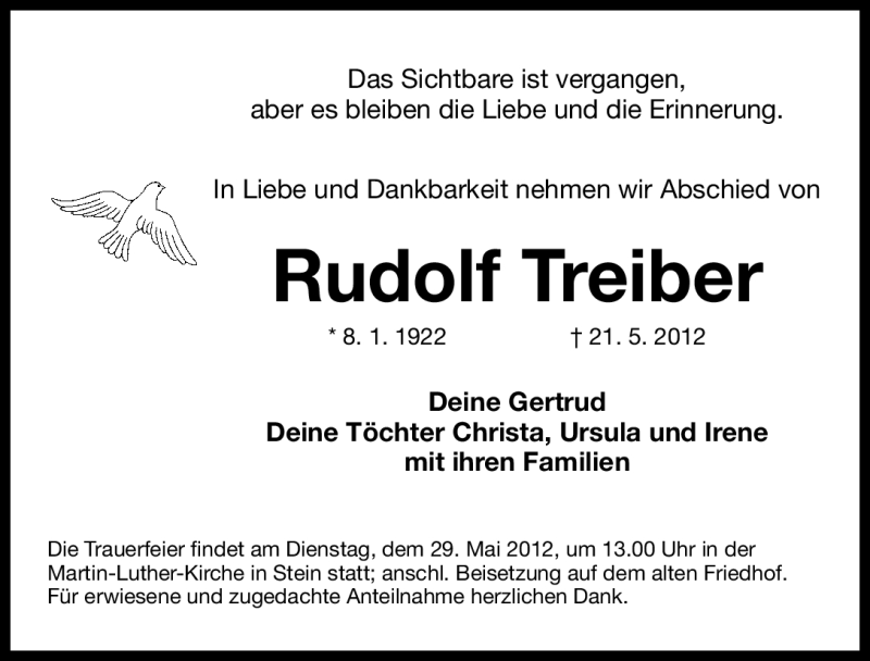  Traueranzeige für Rudolf Treiber vom 26.05.2012 aus Gesamtausgabe Nürnberger Nachrichten/ Nürnberger Ztg.