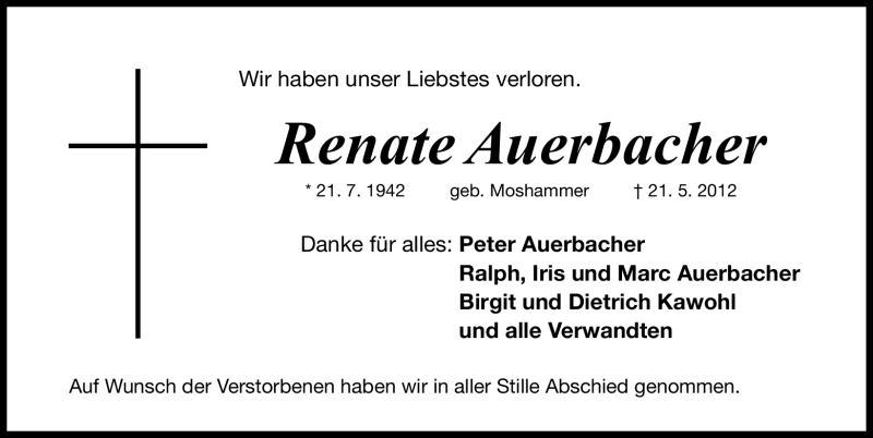  Traueranzeige für Renate Auerbacher vom 26.05.2012 aus Gesamtausgabe Nürnberger Nachrichten/ Nürnberger Ztg.