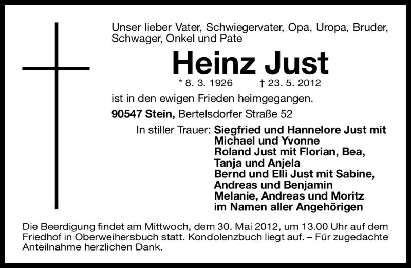  Traueranzeige für Heinz Just vom 26.05.2012 aus Gesamtausgabe Nürnberger Nachrichten/ Nürnberger Ztg.