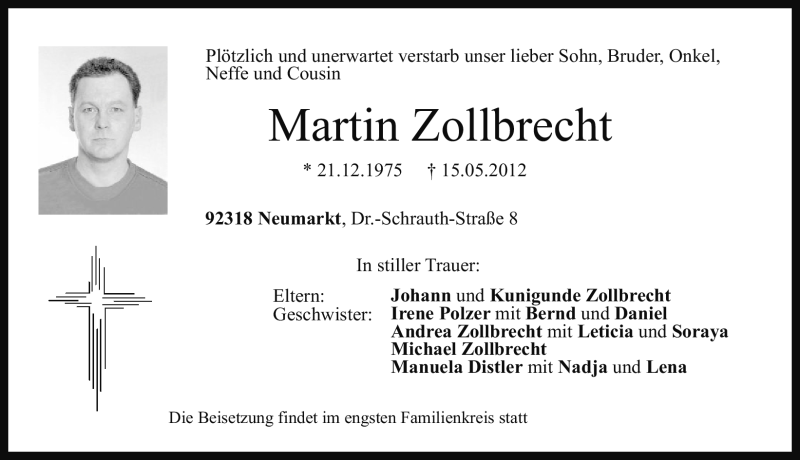  Traueranzeige für Martin Zollbrecht vom 26.05.2012 aus Neumarkter Nachrichten Lokal