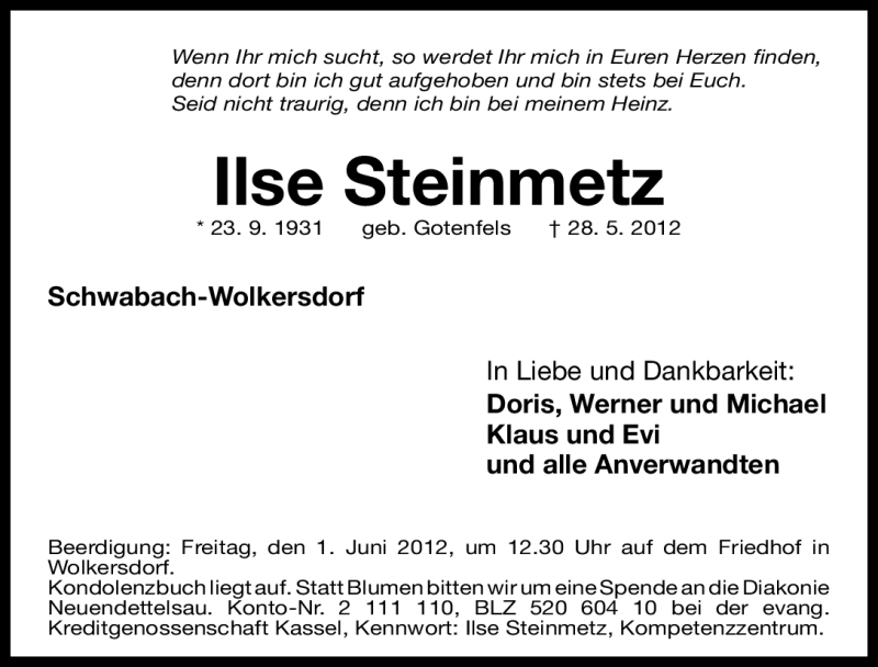  Traueranzeige für Ilse Steinmetz vom 31.05.2012 aus Gesamtausgabe Nürnberger Nachrichten/ Nürnberger Ztg.