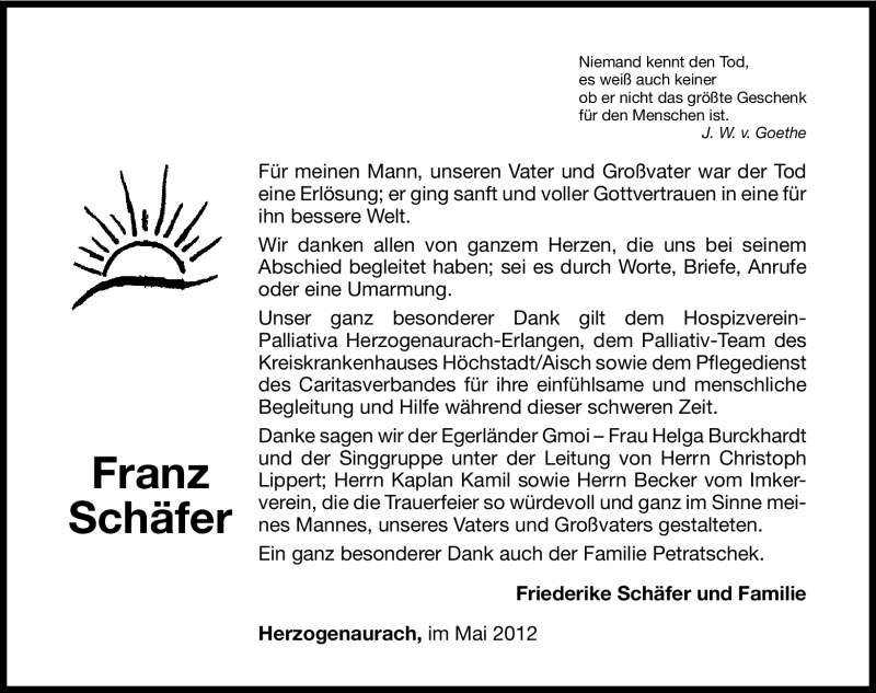  Traueranzeige für Franz Schäfer vom 02.06.2012 aus Nordbayerische Nachrichten Herzogenaurach Lokal